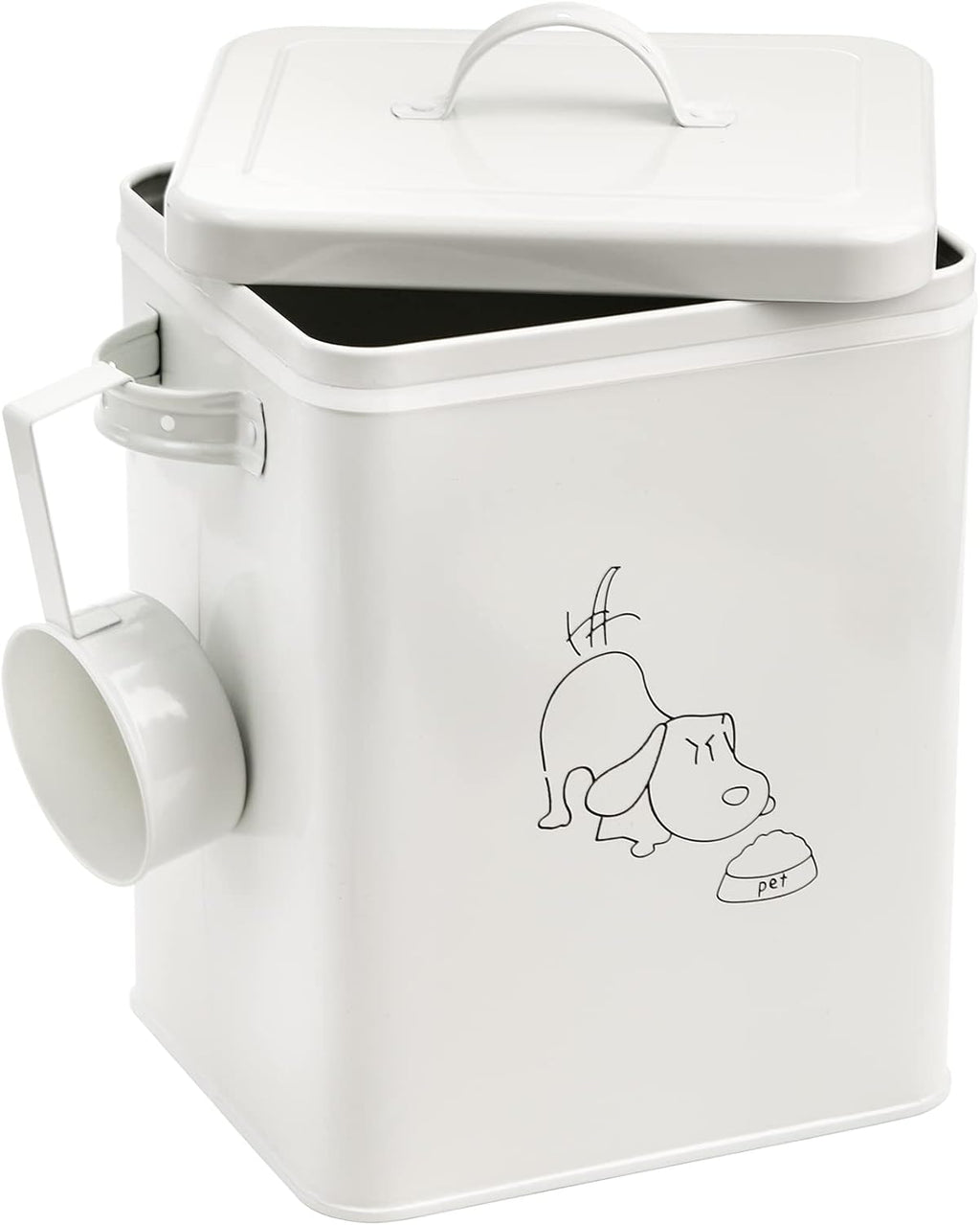 Pet Treat and Food Storage Bin with Lid and Scoop, 5LBS White Vintage Farmhouse Storage Tin, Coated Carbon Steel Canister, Gift for Dogs Owners