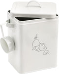 Pet Treat and Food Storage Bin with Lid and Scoop, 5LBS White Vintage Farmhouse Storage Tin, Coated Carbon Steel Canister, Gift for Dogs Owners