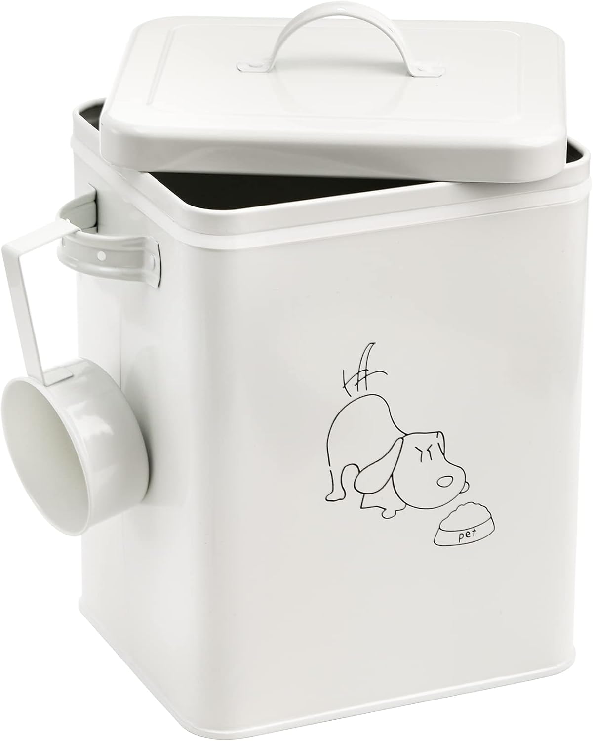 Pet Treat and Food Storage Bin with Lid and Scoop, 5LBS White Vintage Farmhouse Storage Tin, Coated Carbon Steel Canister, Gift for Dogs Owners