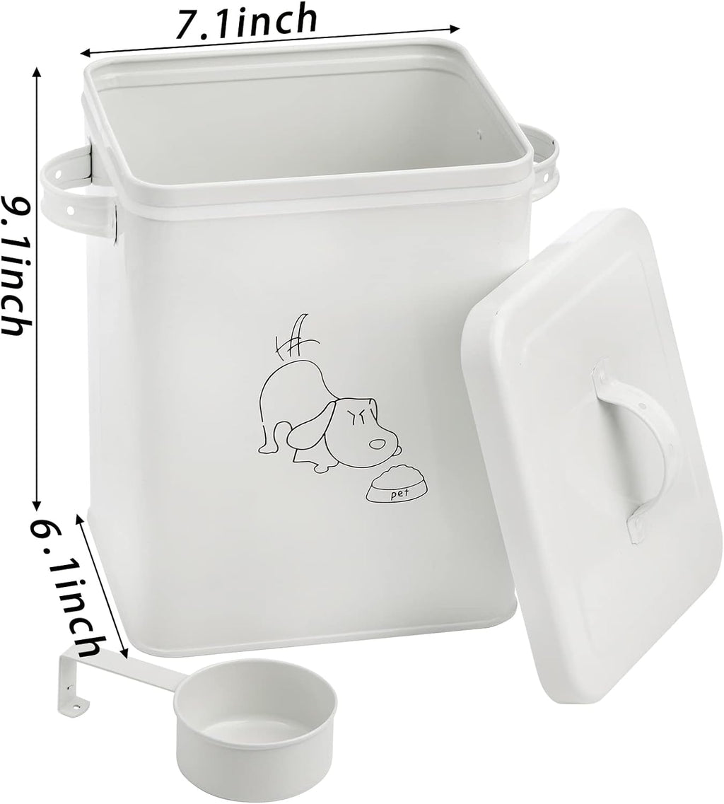 Pet Treat and Food Storage Bin with Lid and Scoop, 5LBS White Vintage Farmhouse Storage Tin, Coated Carbon Steel Canister, Gift for Dogs Owners