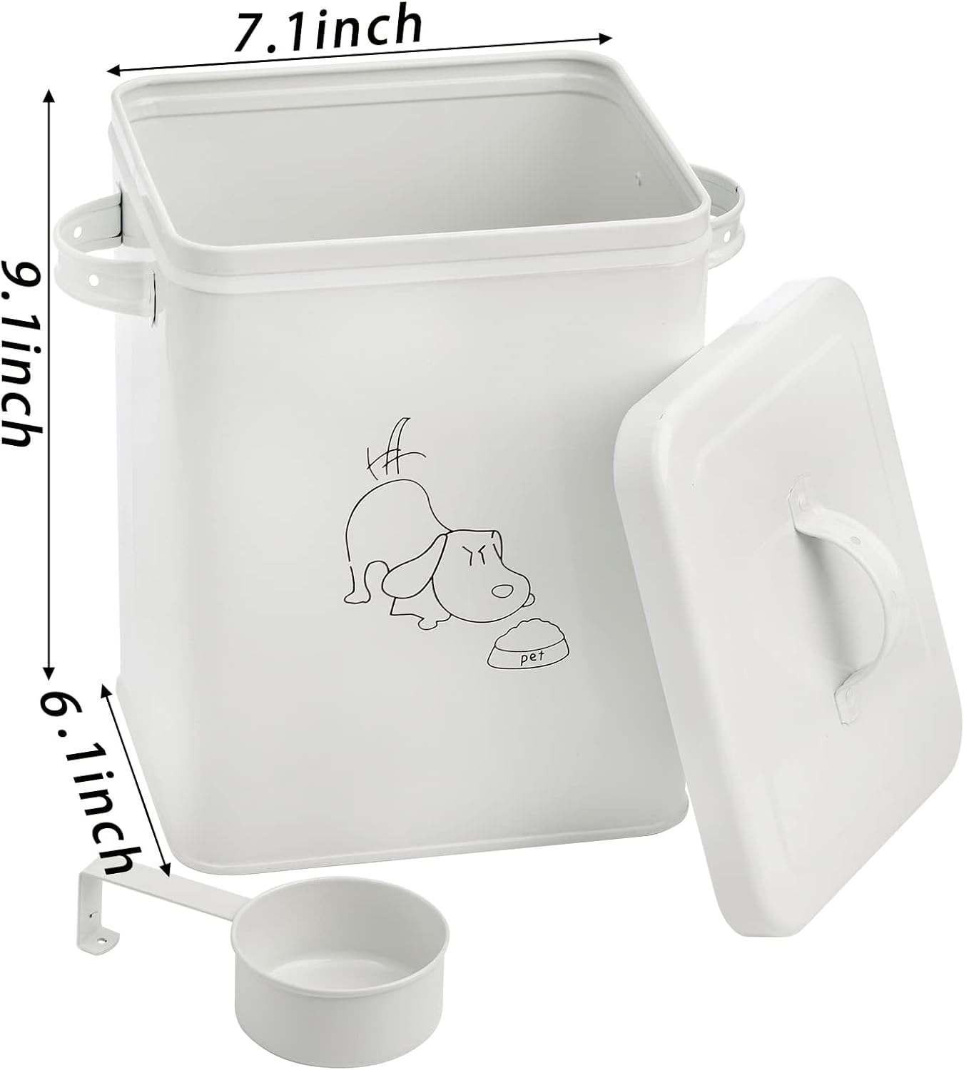 Pet Treat and Food Storage Bin with Lid and Scoop, 5LBS White Vintage Farmhouse Storage Tin, Coated Carbon Steel Canister, Gift for Dogs Owners