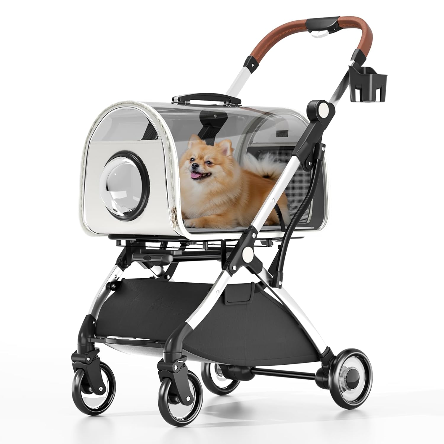 Dog Stroller with Detachable Carrier, Clear PC Dome Pet Stroller for Small & Medium Dogs & Cats up to 33 lbs, Lightweight Foldable Pet Cart, PU Wheels, Storage Basket & Cup Holder