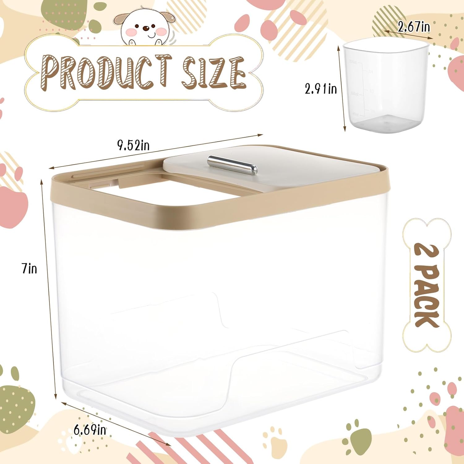 2 Pack Airtight Dog Food Storage Container, 10Lbs Clear Pet Dog Food Storage Bin with Measuring Scoops for Rice Grain Pet Dog Cat Bird Dog Treat Storage Food Fresh