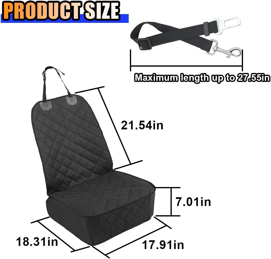 Dog Car Front Seat Cover with Side Flaps, Waterproof & Scratch Proof Car Seat Protector for Dog, Nonslip Pet Car Seat Pad with Safety Belt, Fit for Most Cars SUVs Trucks Jeeps (Black)