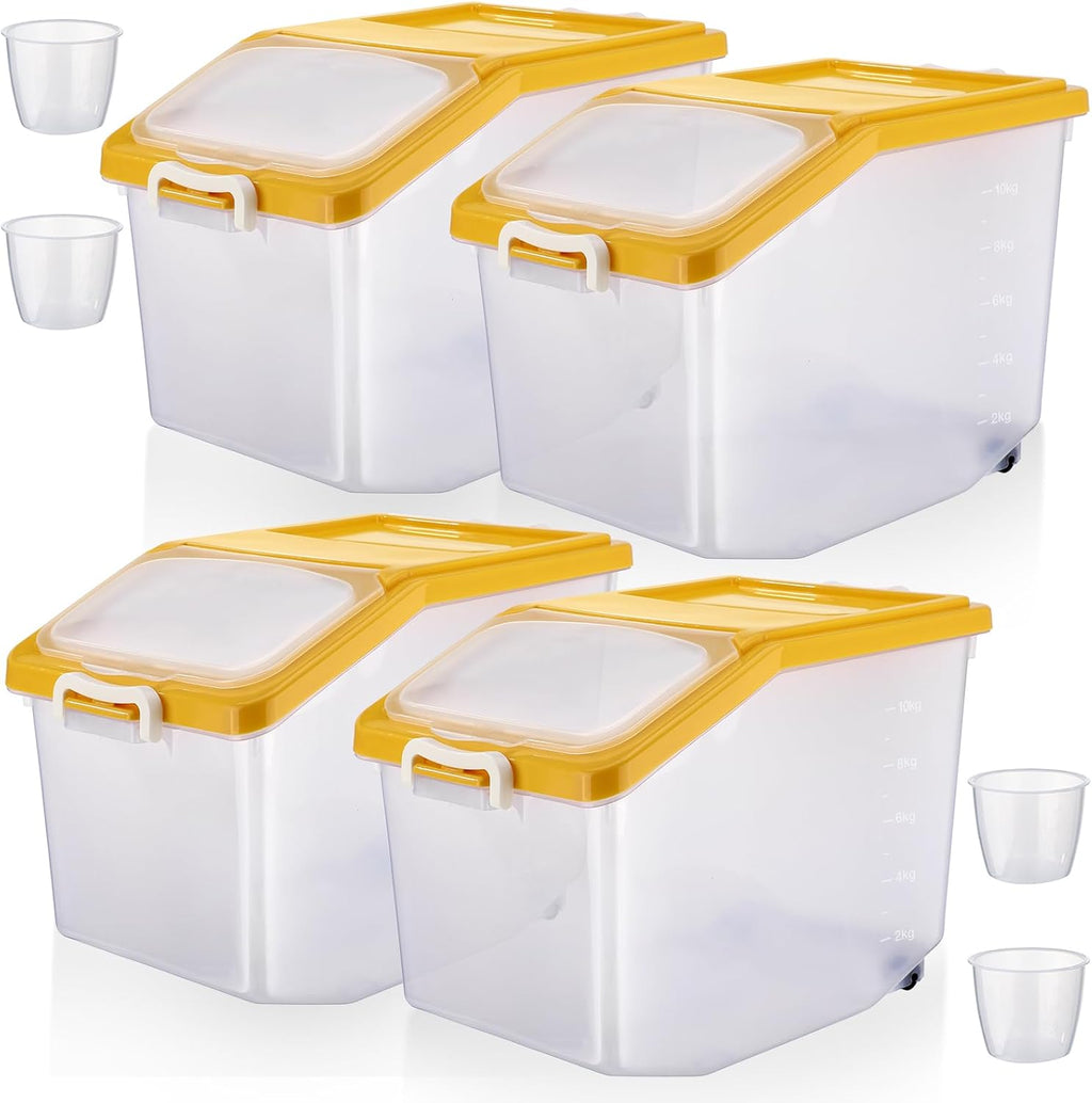 4 Pcs Rice Storage Container 27.6 lb Airtight Flour Container with Wheels and Lids Measuring Cup Clear Pet Food Dog Birds Cat Food Bin Grain Cereal Organizer Box(Yellow)