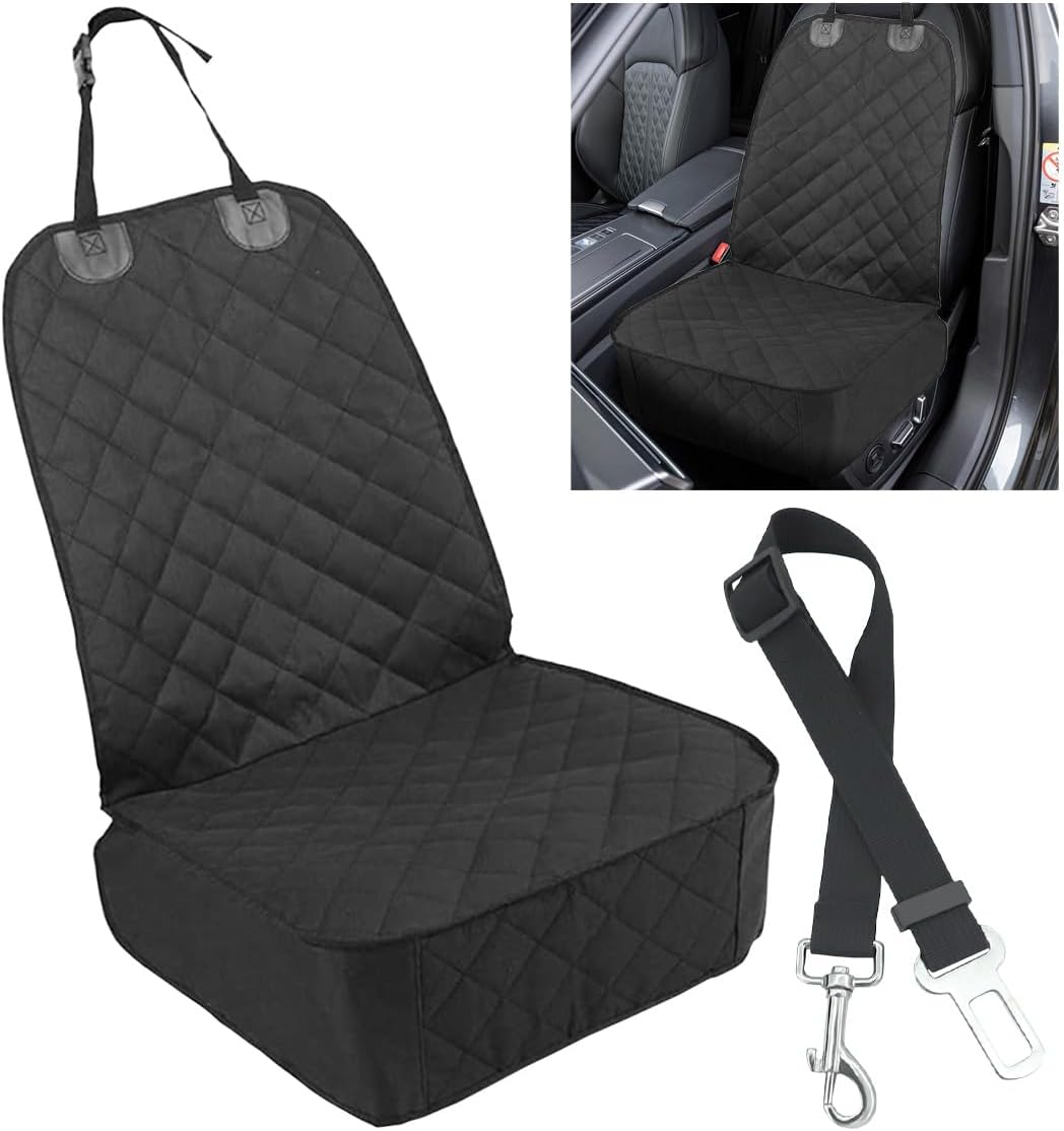 Dog Car Front Seat Cover with Side Flaps, Waterproof & Scratch Proof Car Seat Protector for Dog, Nonslip Pet Car Seat Pad with Safety Belt, Fit for Most Cars SUVs Trucks Jeeps (Black)