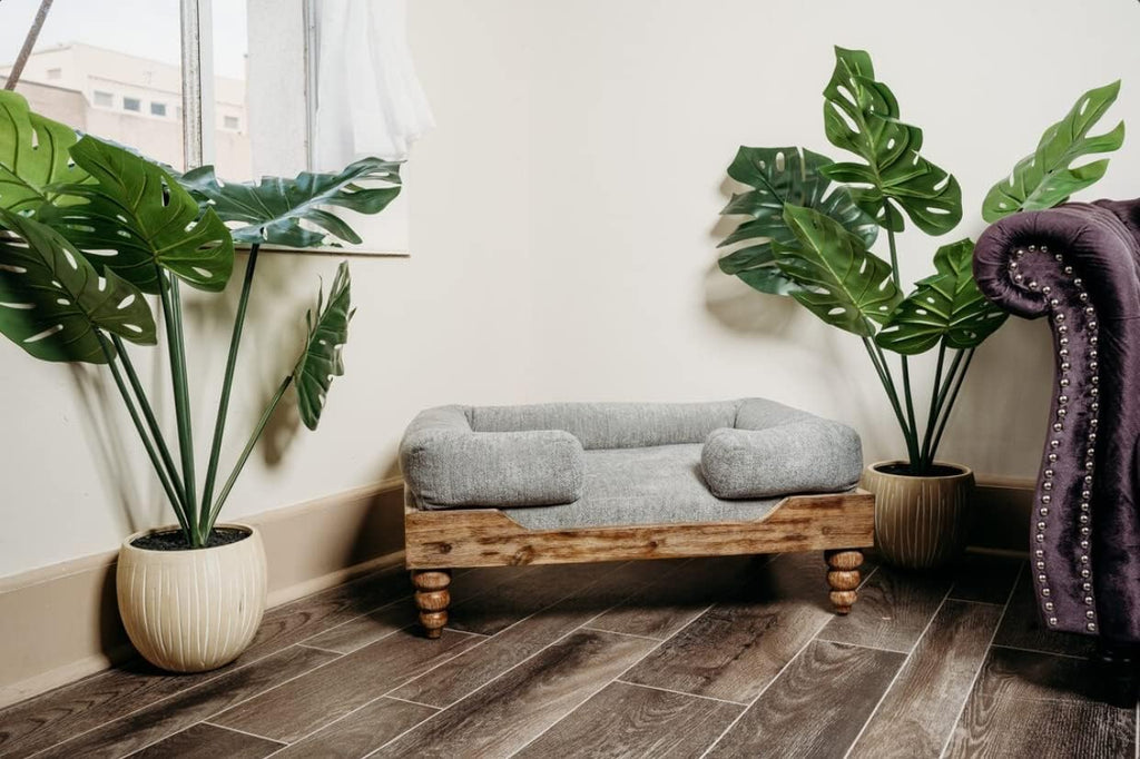 Large Washed Oak Dog Bed - Farm House Style - for Dogs 50 lbs and Under - Orthopedic Memory Foam - Carved Wooden Legs - Luxury Pet Sofa