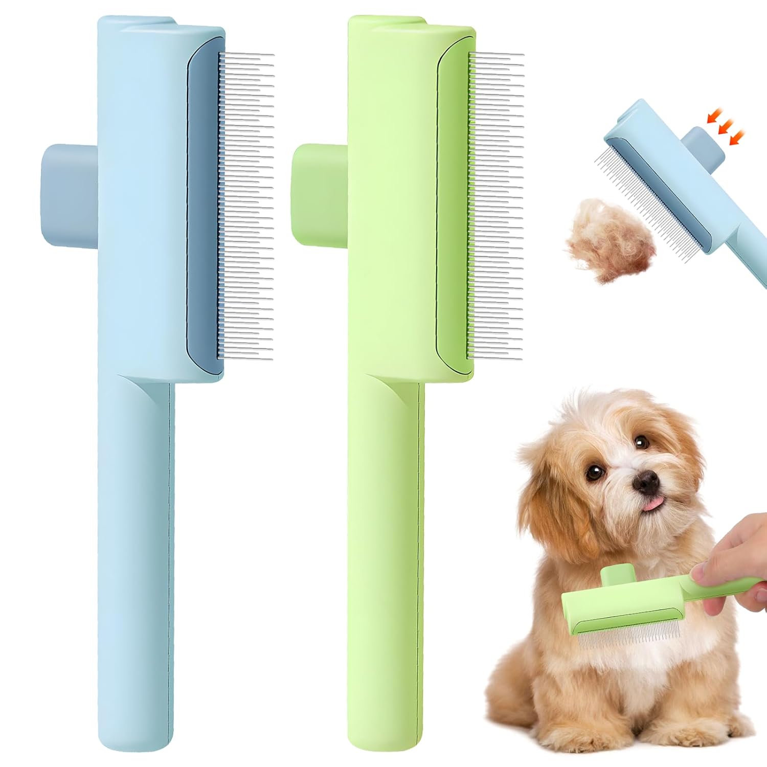 Pet Hair Removal Comb Flea Comb,New One-Click Self-Cleaning Pet Removal Combs for Short&Long Hair(Blue+Green）