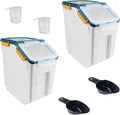 15LB Airtight Flour Rice Grain Cereal Storage Container With Spoon & Measuring Cup & Handle, 2 Pack (Holds 30LBS) Pet Dog Cat Dry Food Bin, Easy to Move & Keep Food Fresh & Lid Easy to Open