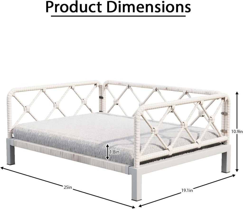 Elevated Indoor & Outdoor Dog Bed for Small Dogs, Durable Rattan Wicker Pet Sofa with Removable Washable Waterproof Cushion, Stylish Dog Couch, White Rattan/Grey Mat