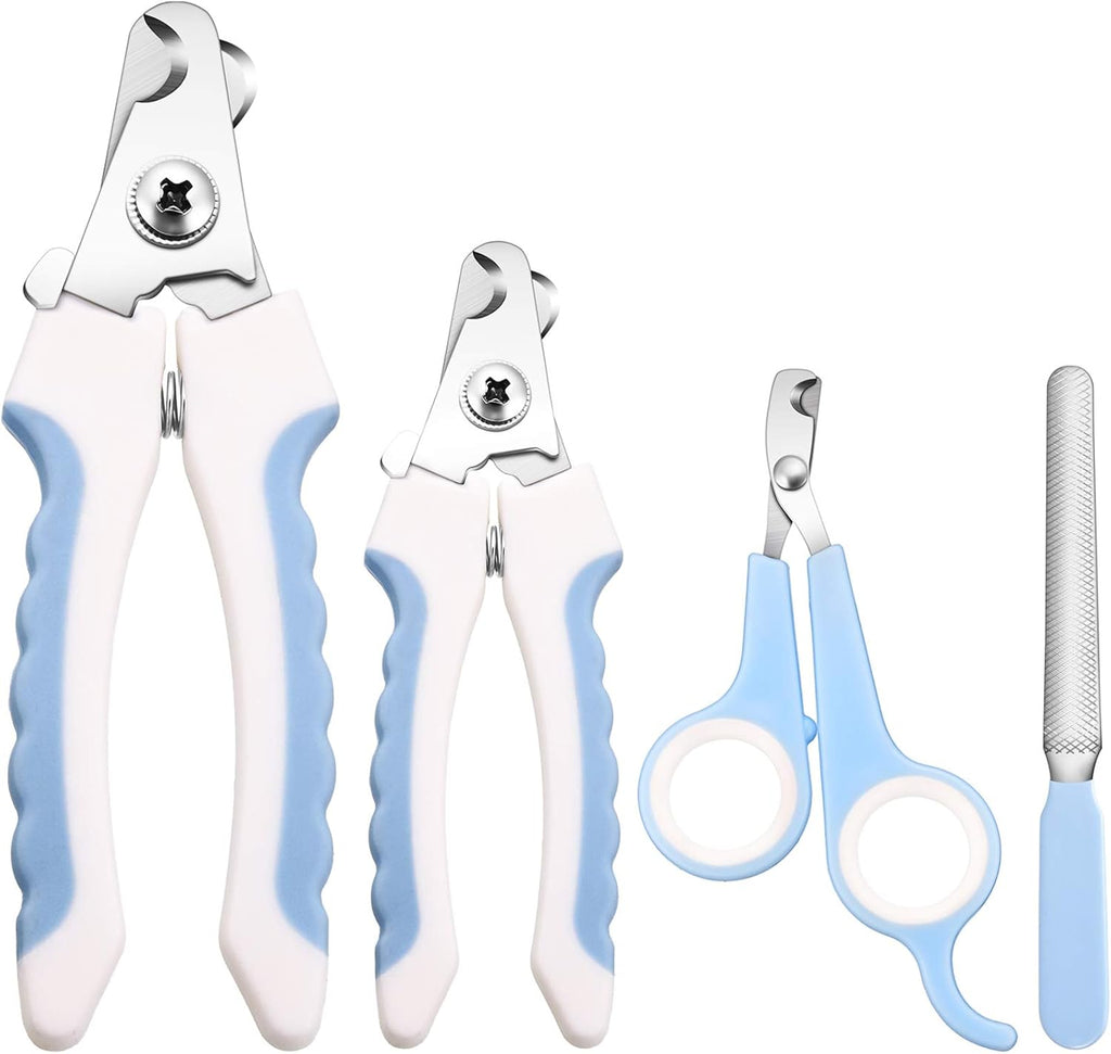 4 Pieces Dog Nail Clippers Kit Dog Cat Pets Nail Clippers and Trimmers with Safety Guard to Avoid Over Cutting for Large Small Animals Pet Grooming (Blue and White)