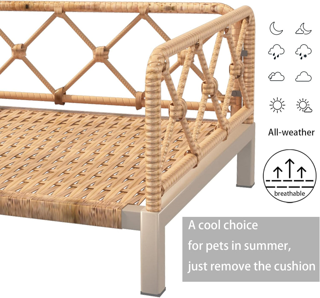 Wicker Dog Bed with 2" Cushion,Rattan Dog Sofa Bed for Small Medium Dogs– Indoor/Outdoor Metal Frame Pet Bed up 66lbs (Brown Rattan Brown Cushion)
