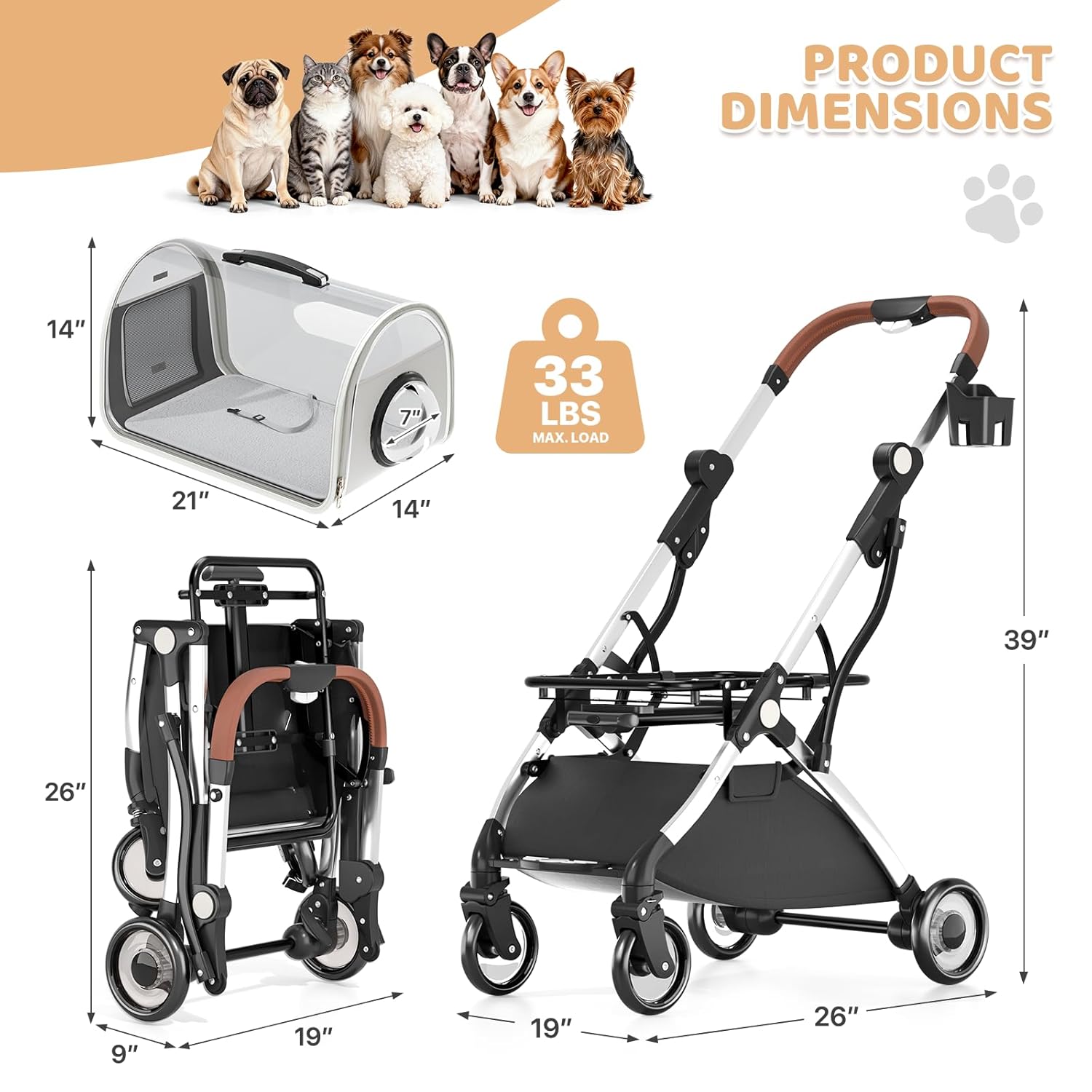 Dog Stroller with Detachable Carrier, Clear PC Dome Pet Stroller for Small & Medium Dogs & Cats up to 33 lbs, Lightweight Foldable Pet Cart, PU Wheels, Storage Basket & Cup Holder