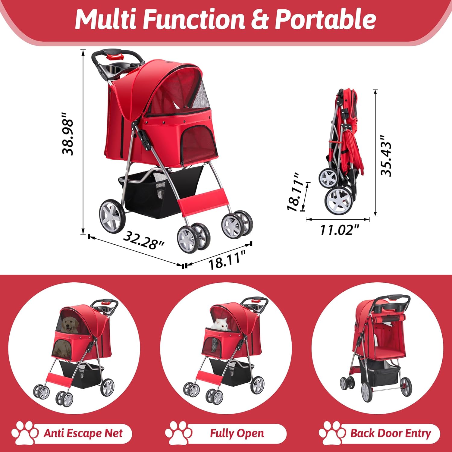 Pet Stroller, 4 Wheels Pet Strolling Cart for Medium/Small Dogs and Cats, Foldable Cat Jogger/Dog Stroller with Cup Holder, Storage Basket, Breathable Mesh, All-Season Pet Carrier, Red