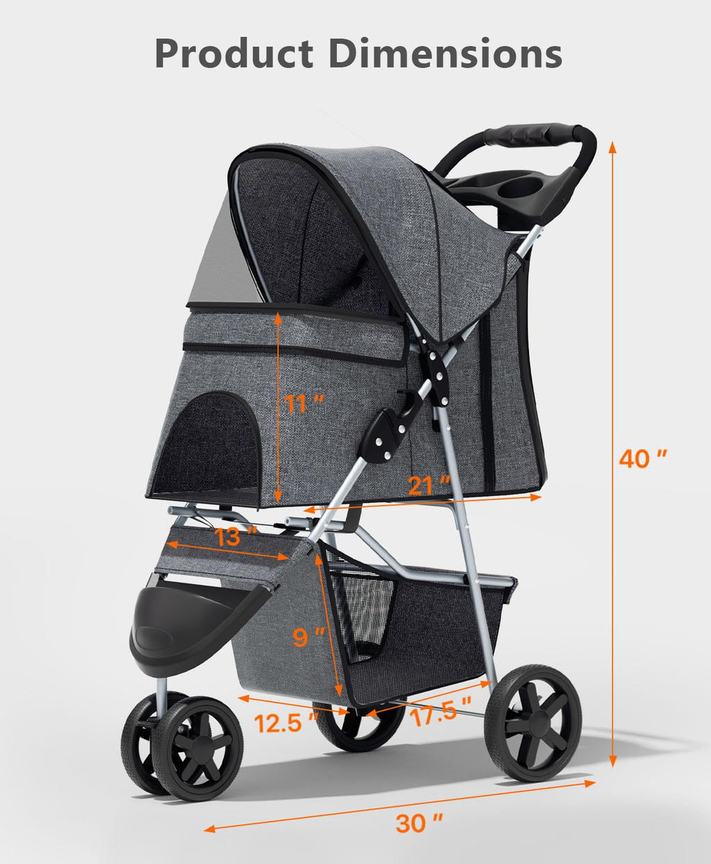 Pet Stroller with 3 Wheels for Small/Medium Pets, Portable Travel Foldable Carrier Jogger for Dog Cat Puppy Kitty, Rear Wheel Breaks, Storage Basket, Visible Mesh with Weather Cover (Gray)