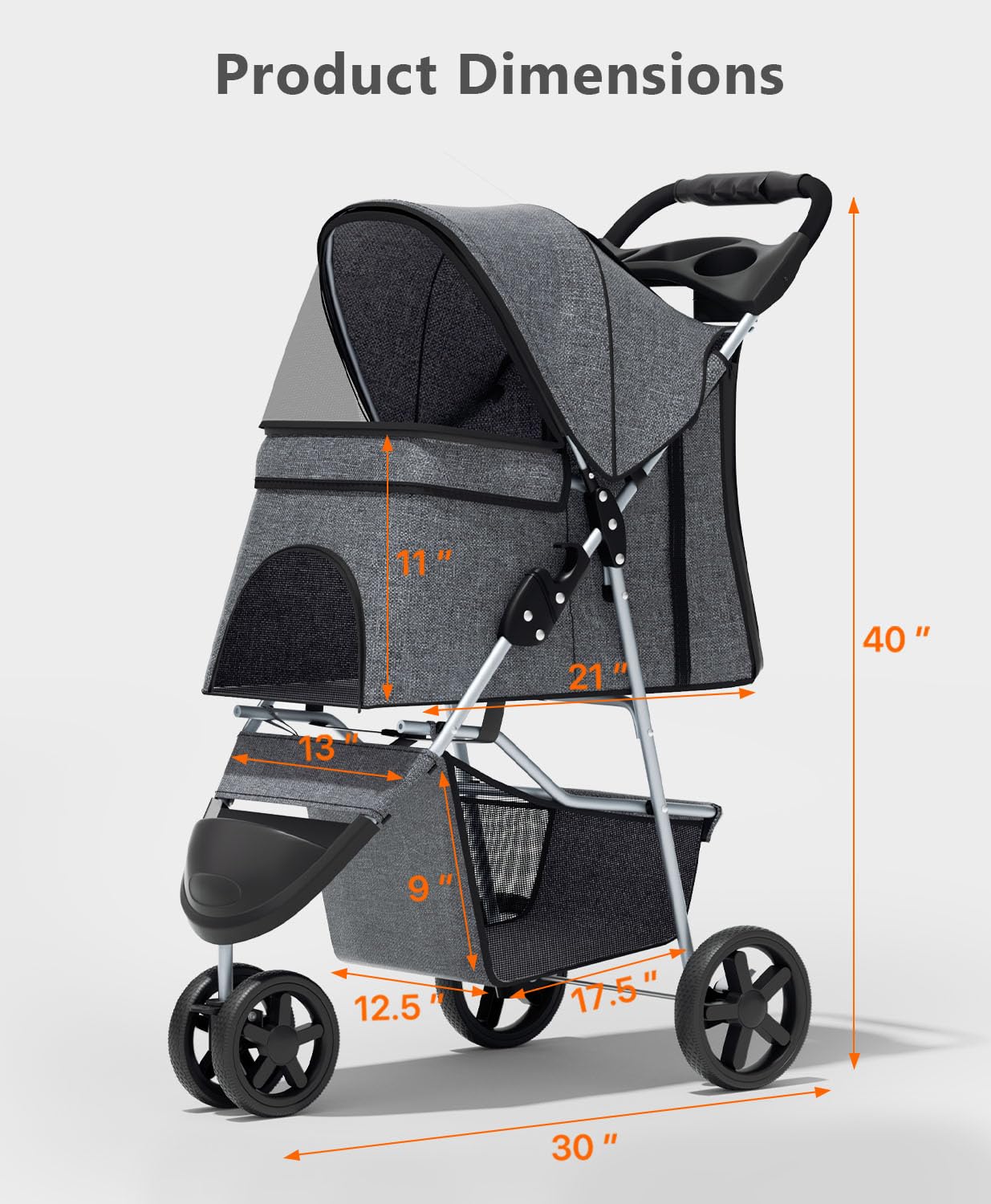 Pet Stroller with 3 Wheels for Small/Medium Pets, Portable Travel Foldable Carrier Jogger for Dog Cat Puppy Kitty, Rear Wheel Breaks, Storage Basket, Visible Mesh with Weather Cover (Gray)