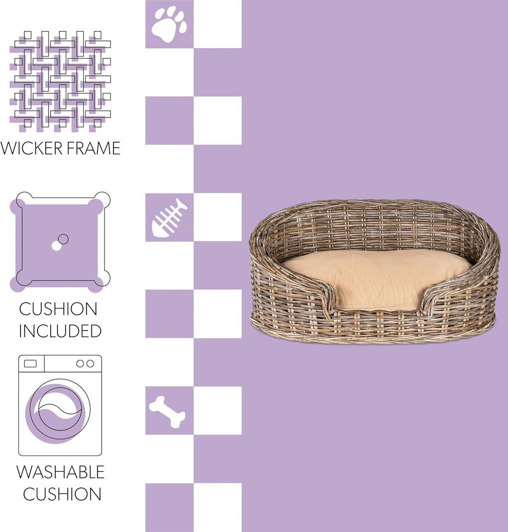 Elevated 27.5" x 17" Bohemian Handwoven Rattan Dog Daybed with Machine-Washable Cushion, Natural