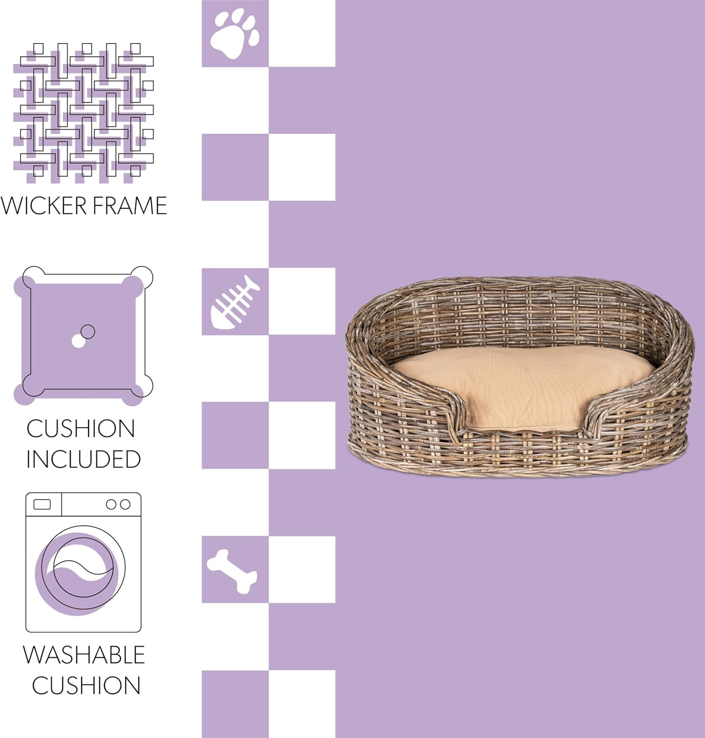 Elevated 27.5" x 17" Bohemian Handwoven Rattan Dog Daybed with Machine-Washable Cushion, Natural