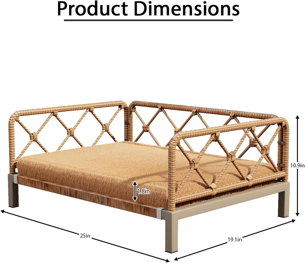 Elevated Indoor & Outdoor Dog Bed for Small Dogs, Durable Rattan Wicker Pet Sofa with Removable Washable Waterproof Cushion, Stylish Dog Couch, Brown