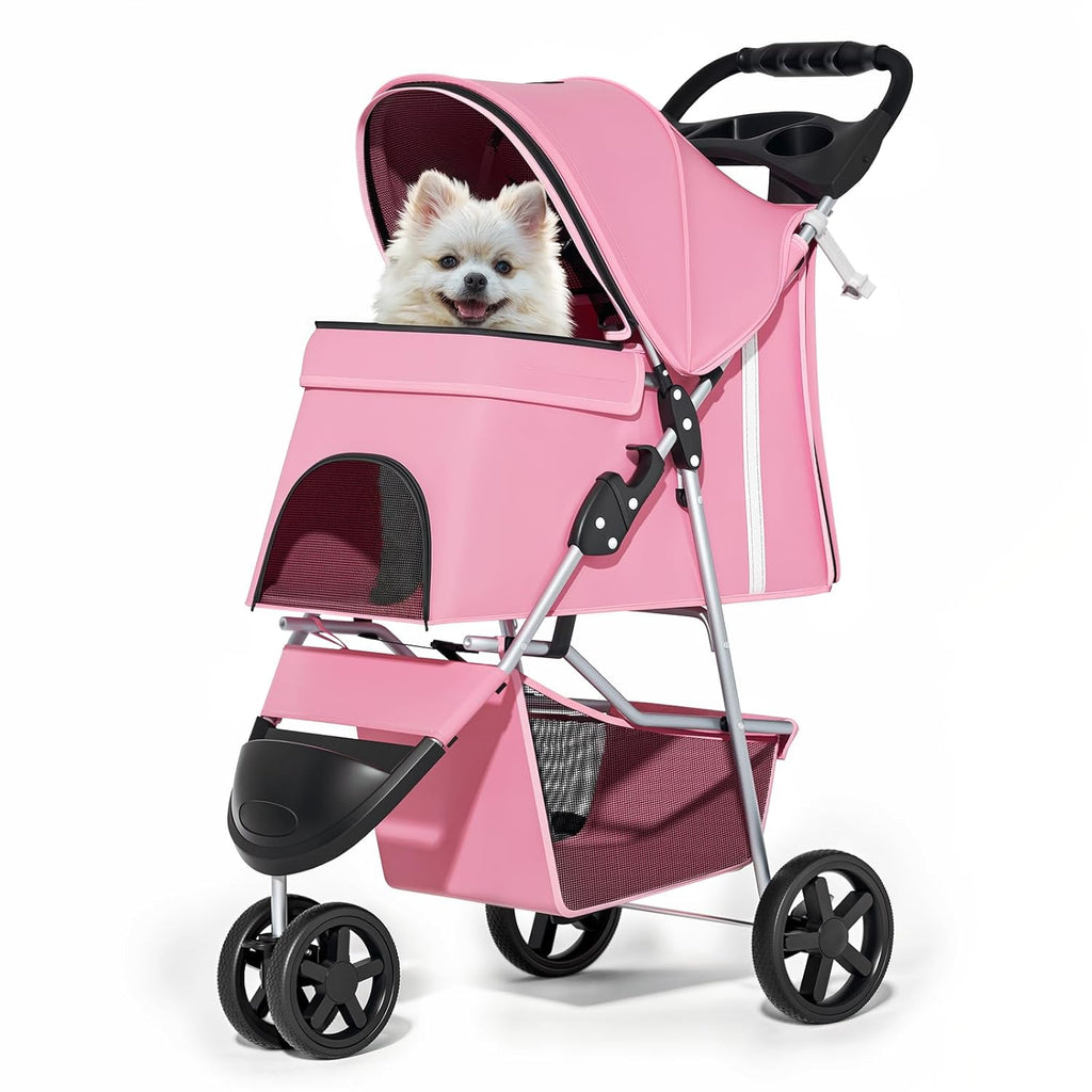 3-Wheels Foldable Pet Stroller with Waterproof Cover, Pet Strolling Cart for Small/Medium Dogs and Cats with Storage Basket and Cup Holder, Breathable and Visible Mesh for All-Season, Pink