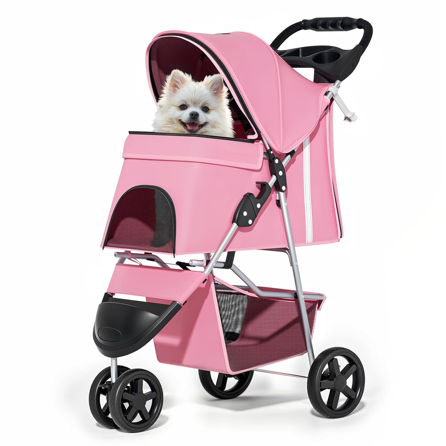 3-Wheels Foldable Pet Stroller with Waterproof Cover, Pet Strolling Cart for Small/Medium Dogs and Cats with Storage Basket and Cup Holder, Breathable and Visible Mesh for All-Season, Pink