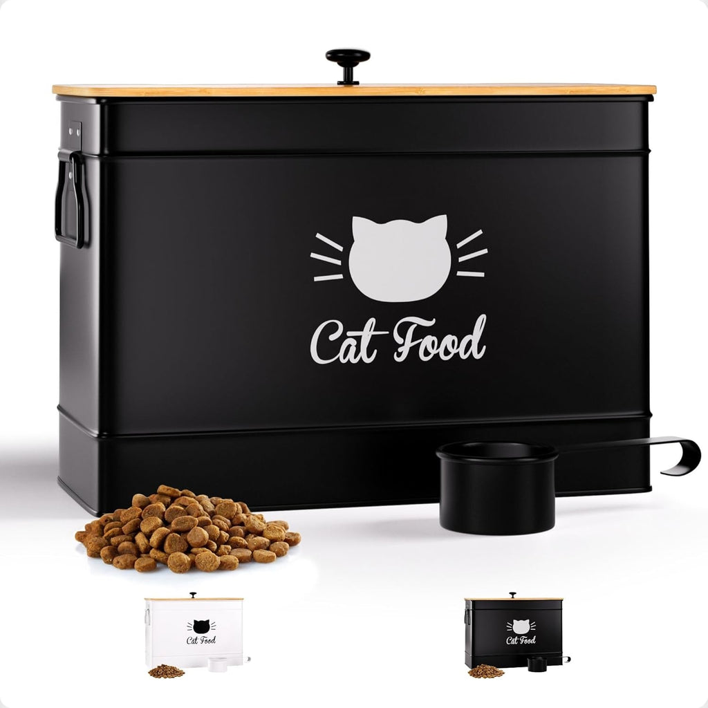 Cat Food Storage Container with Scoop - 15 lb (50 Cup) Capacity Metal Cat Food Container with Airtight Bamboo Lid & Metal Scoop - Airtight Pet Food Storage Containers - 15 lb Treats & Kibble Container