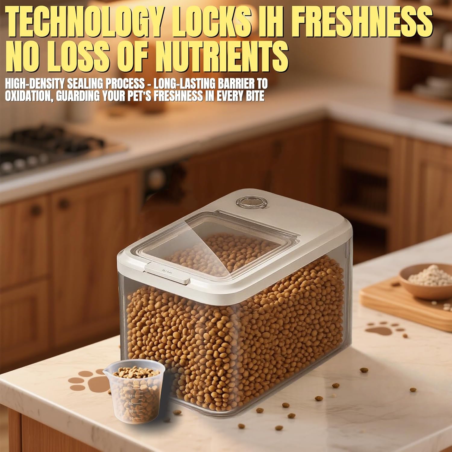 Dog Food Storage Container, High-Capacity Pet Food Container Airtight with Cup,Durable Design for Dog/Cat/Bird Food Storage, Keep Dry Food Fresh (Beige, 15 Pounds)