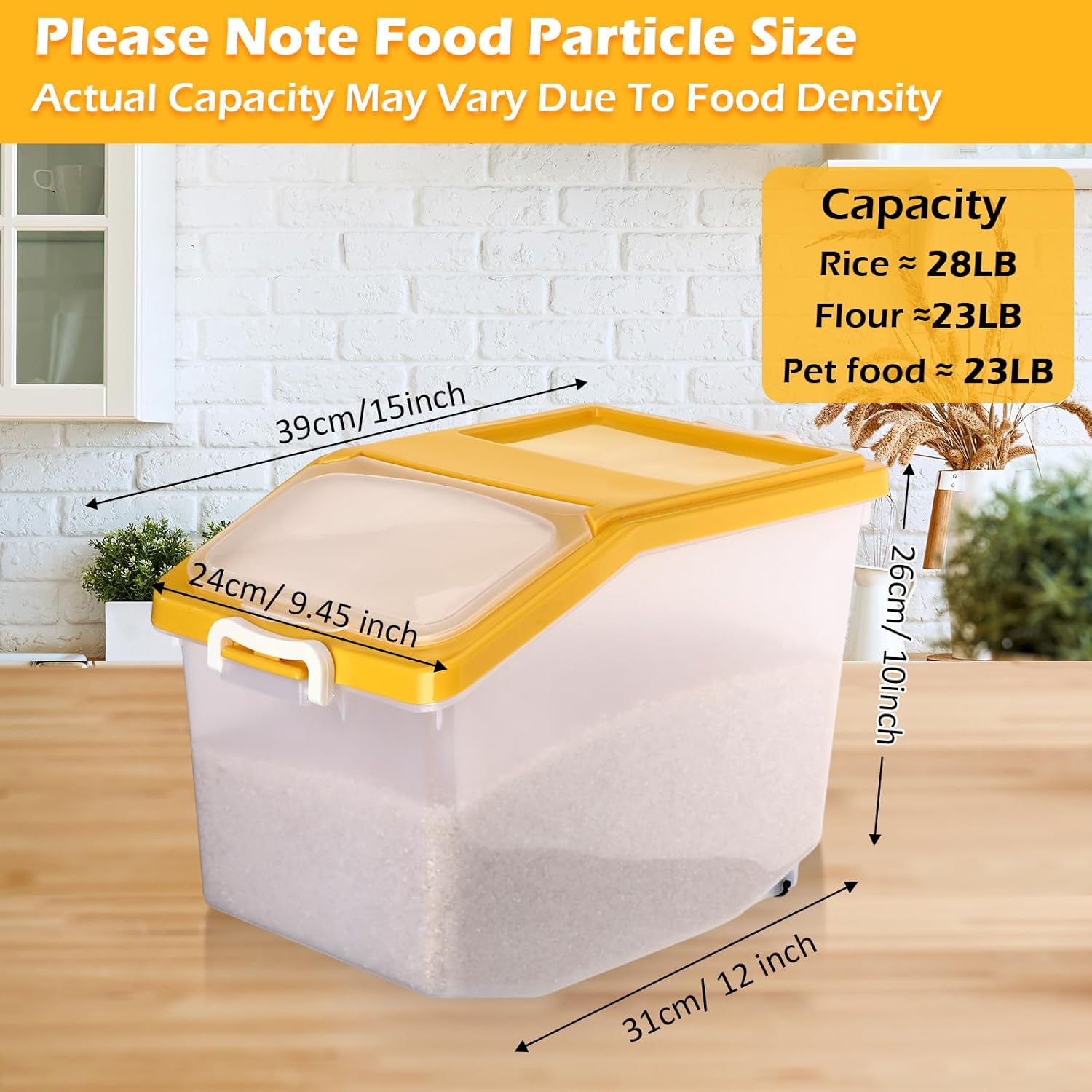 4 Pcs Rice Storage Container 27.6 lb Airtight Flour Container with Wheels and Lids Measuring Cup Clear Pet Food Dog Birds Cat Food Bin Grain Cereal Organizer Box(Yellow)