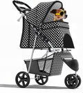 3-Wheel Pet Stroller, Foldable Travel Jogger for Small & Medium Dogs & Cats (Up to 33lbs), Lightweight Carrier with Breathable Mesh Cover, Cup Holder & Storage Basket, Black Polka Dots