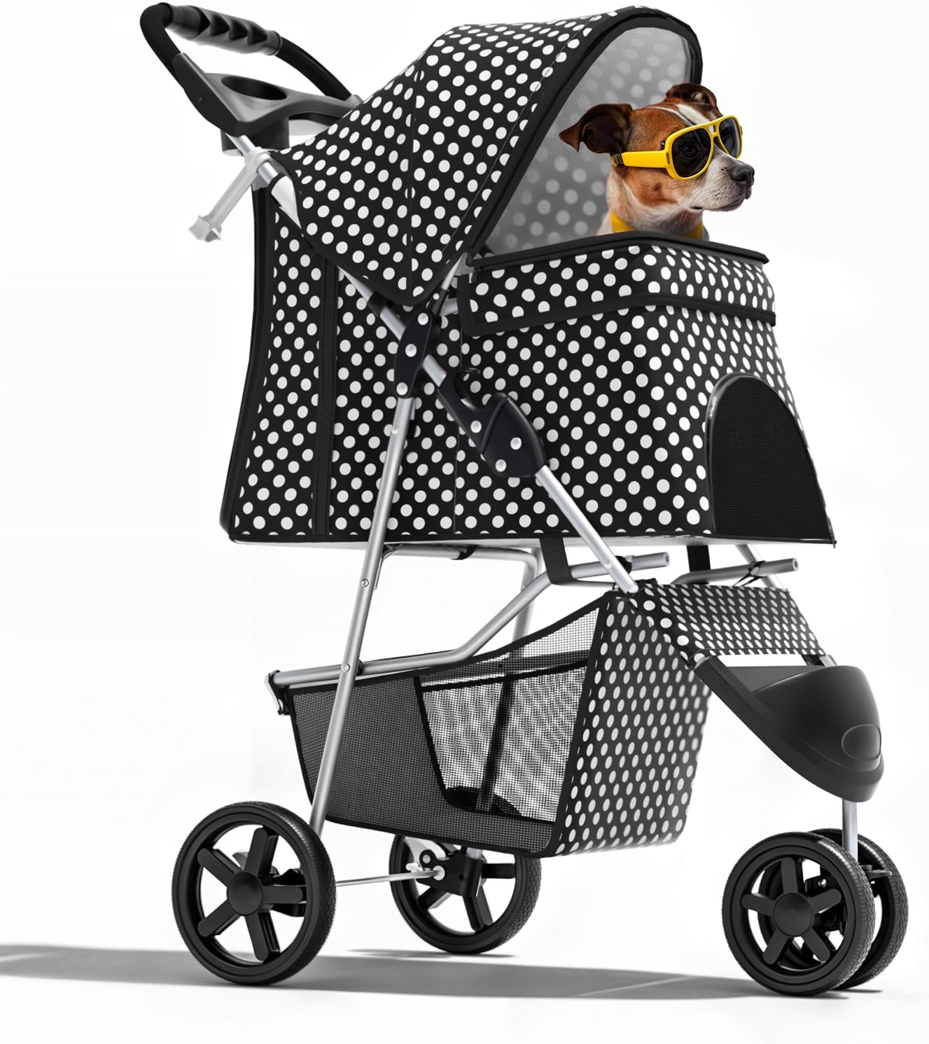 3-Wheel Pet Stroller, Foldable Travel Jogger for Small & Medium Dogs & Cats (Up to 33lbs), Lightweight Carrier with Breathable Mesh Cover, Cup Holder & Storage Basket, Black Polka Dots