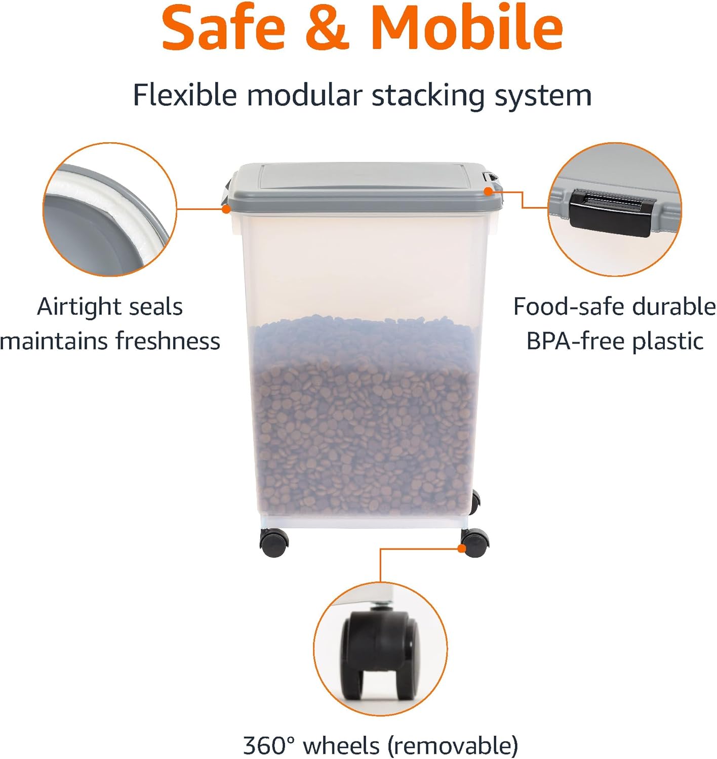Airtight Dog Food Storage Container with Scoop and Wheels, 69 QT, Gray