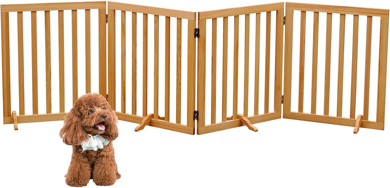Dog Gates Wooden Pet Gate Indoor Dog Fence for The House,Collapsible Wood Dog Gates for Stairs,Freestanding Dog Gate for Doorways,House Pet Gate for Dogs,23.6" Height-4 Panels Dog Gate