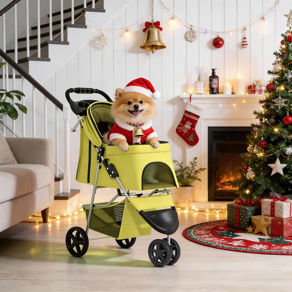 Foldable Pet Stroller with Waterproof Cover, 3-Wheels Dog Strolling Cart for Small/Medium Dogs and Cats with Storage Basket and Cup Holder, Breathable and Visible Mesh for All-Season, Yellow