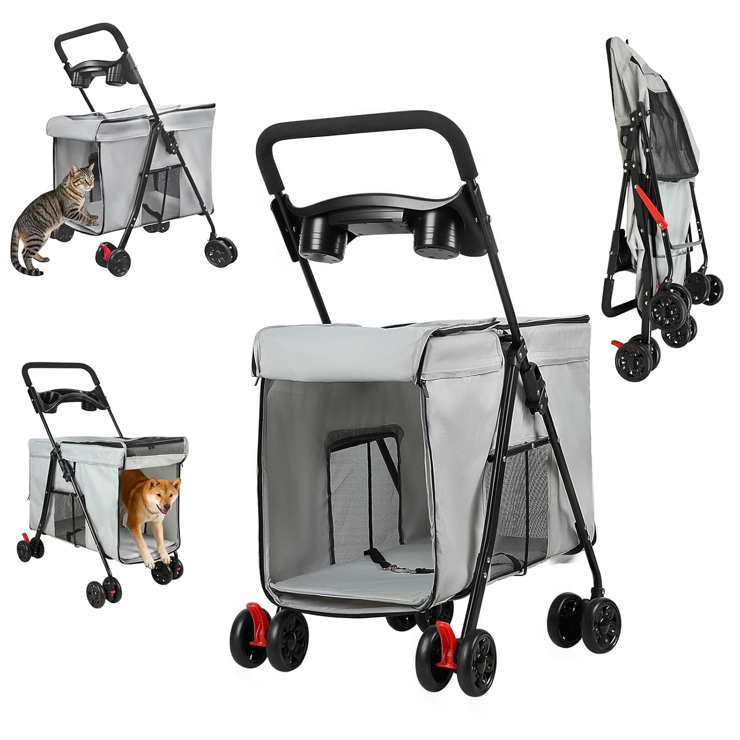 4 Wheels Pet Stroller for Small Medium Dogs Cats One Button Fold, Adjustable Mesh Windows and Shades, 360° Swivel Front Wheels and Rear Wheel Brake