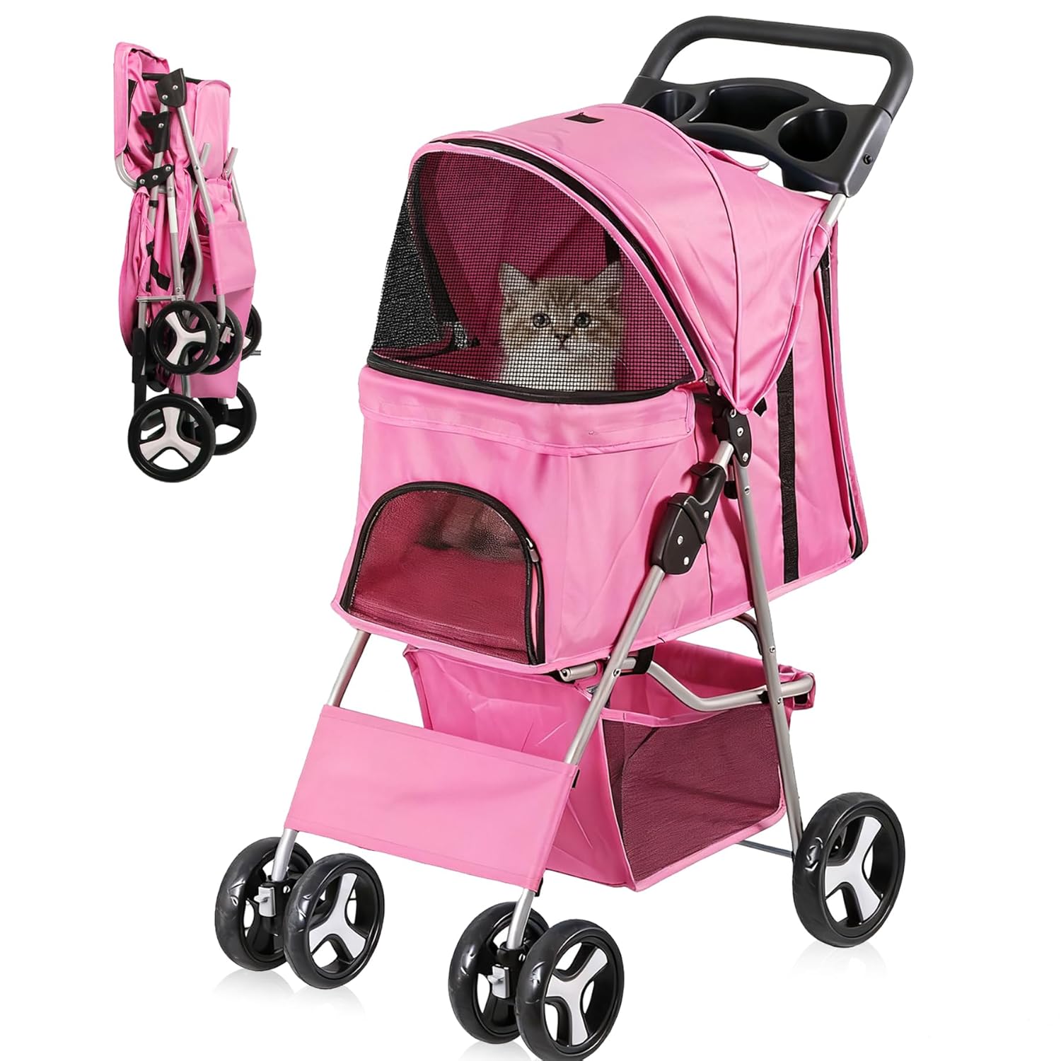 Foldable Pet Stroller, Cat/Dog Stroller with 4 Wheel, Pet Travel Carrier Strolling Cart with Storage Basket, Cup Holder (Pink)