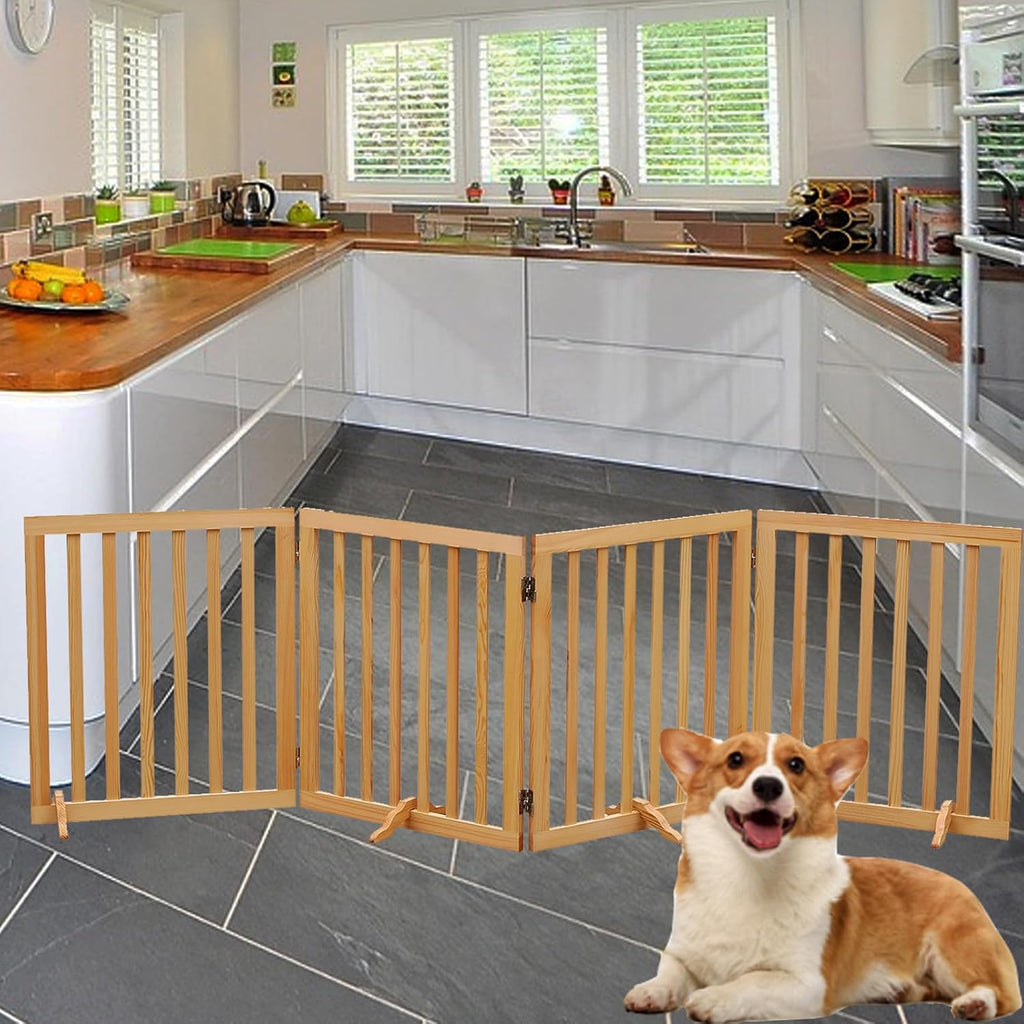 Dog Gates Wooden Pet Gate Indoor Dog Fence for The House,Collapsible Wood Dog Gates for Stairs,Freestanding Dog Gate for Doorways,House Pet Gate for Dogs,23.6" Height-4 Panels Dog Gate