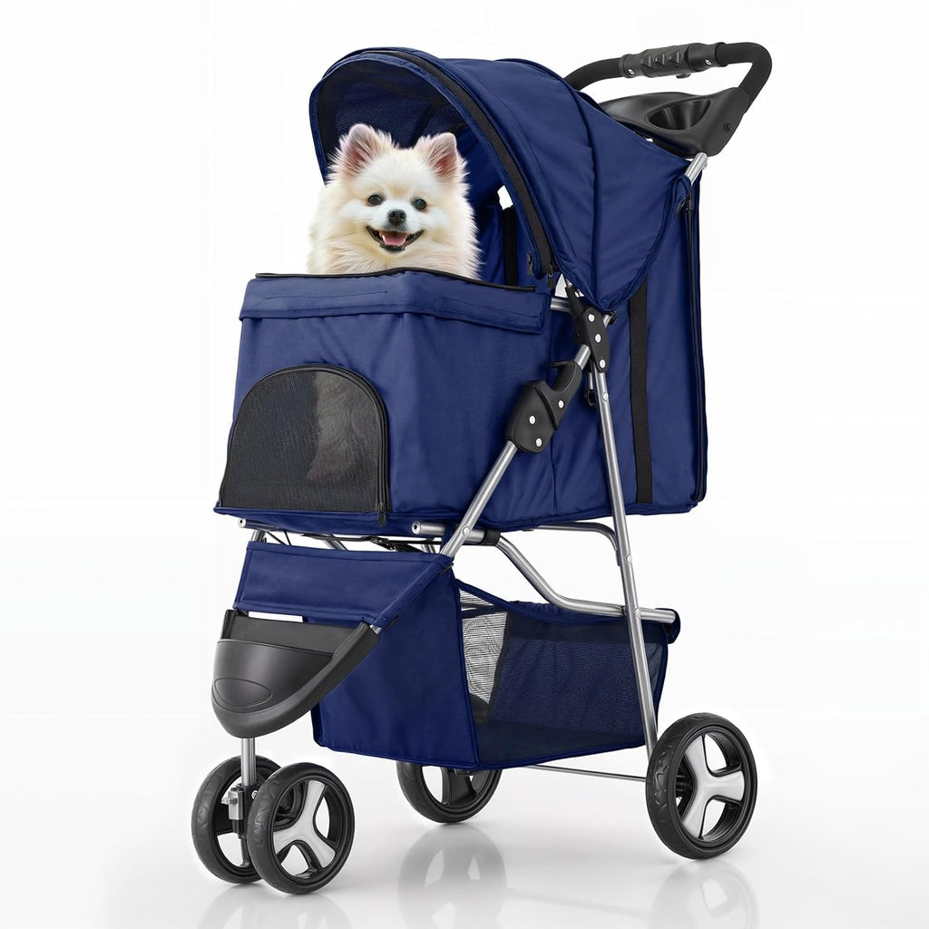 3 Wheels Pet Stroller, Foldable Dog Cat Cage Jogger Stroller with Weather Cover for All-Season, Storage Basket and Cup Holder, Breathable and Visible Mesh for Small/Medium Pets, Blue