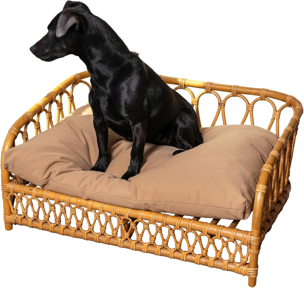 Elevated 27.5" x 17" Bohemian Handwoven Rattan Dog Daybed with Machine-Washable Cushion, Natural