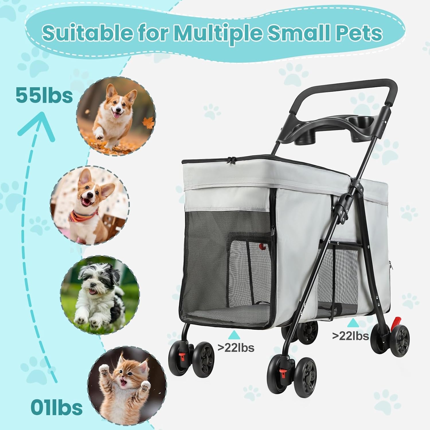 4 Wheels Pet Stroller for Small Medium Dogs Cats One Button Fold, Adjustable Mesh Windows and Shades, 360° Swivel Front Wheels and Rear Wheel Brake