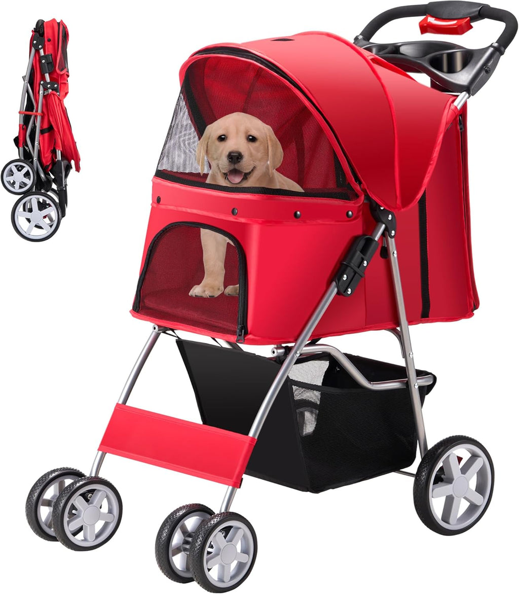 Pet Stroller, 4 Wheels Pet Strolling Cart for Medium/Small Dogs and Cats, Foldable Cat Jogger/Dog Stroller with Cup Holder, Storage Basket, Breathable Mesh, All-Season Pet Carrier, Red