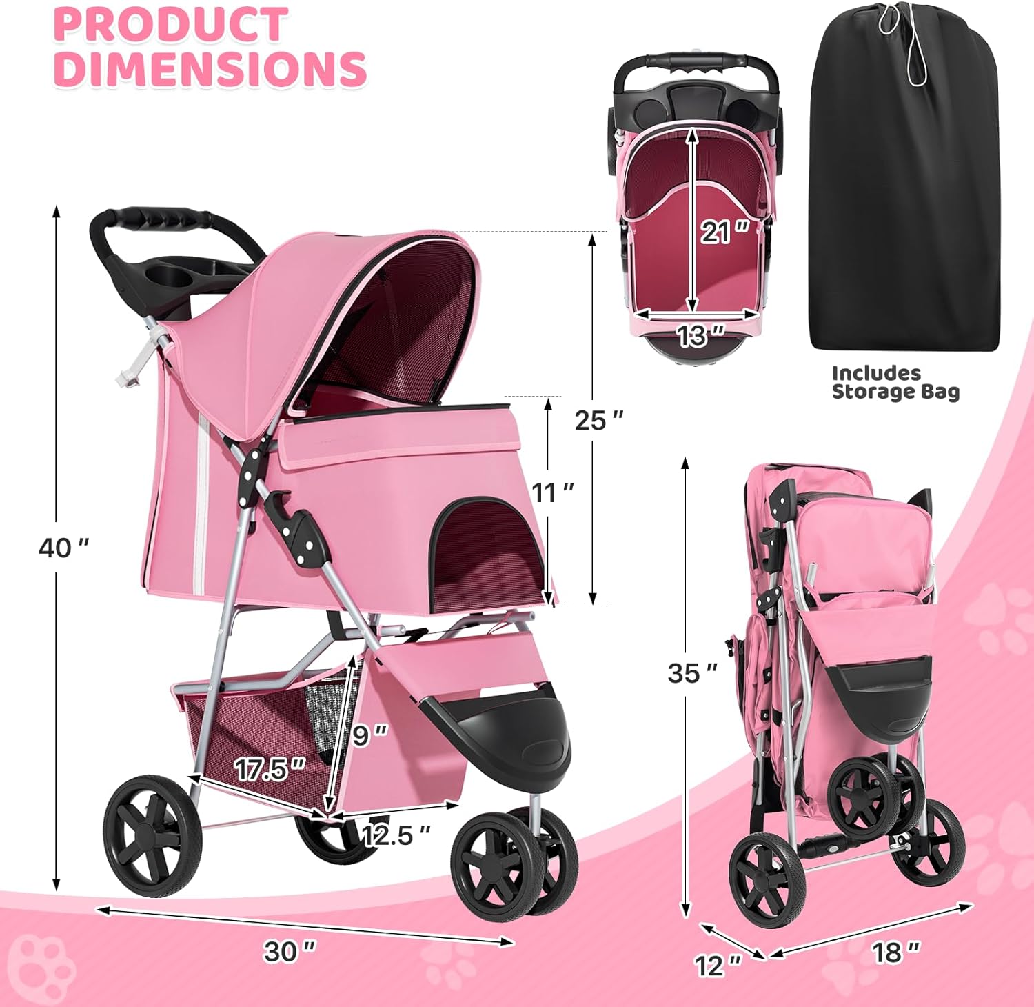 3-Wheel Pet Stroller, Foldable Travel Jogger for Small & Medium Dogs & Cats (Up to 33lbs), Lightweight Carrier with Breathable Mesh Cover, Cup Holder & Storage Basket, Pink