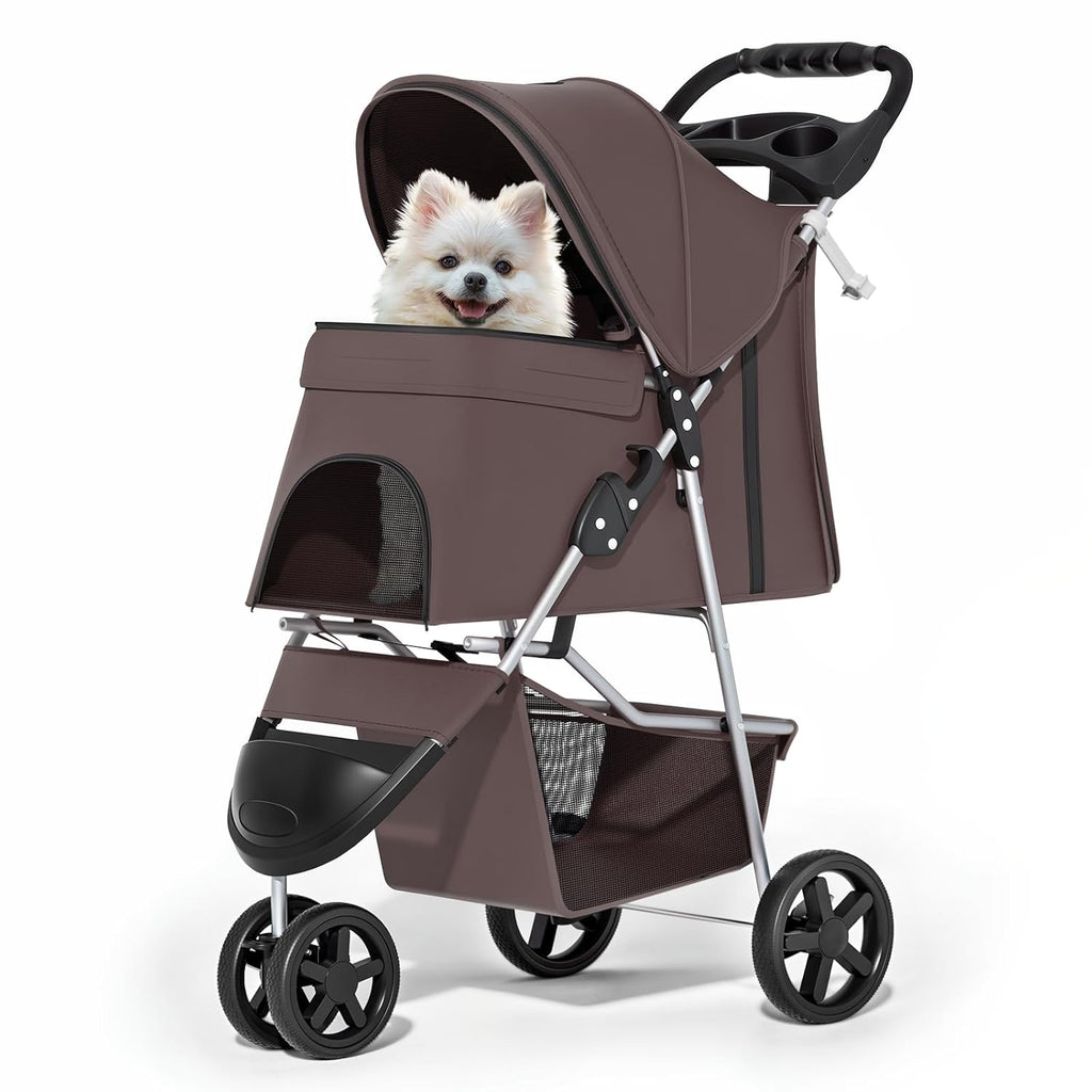 Foldable Dog Strollers for Small Dogs with Weather Cover, 3 Wheels Pet Strolling Cart for Dogs and Cats with Storage Basket and Cup Holder, Breathable and Visible Mesh for All-Season, Coffee