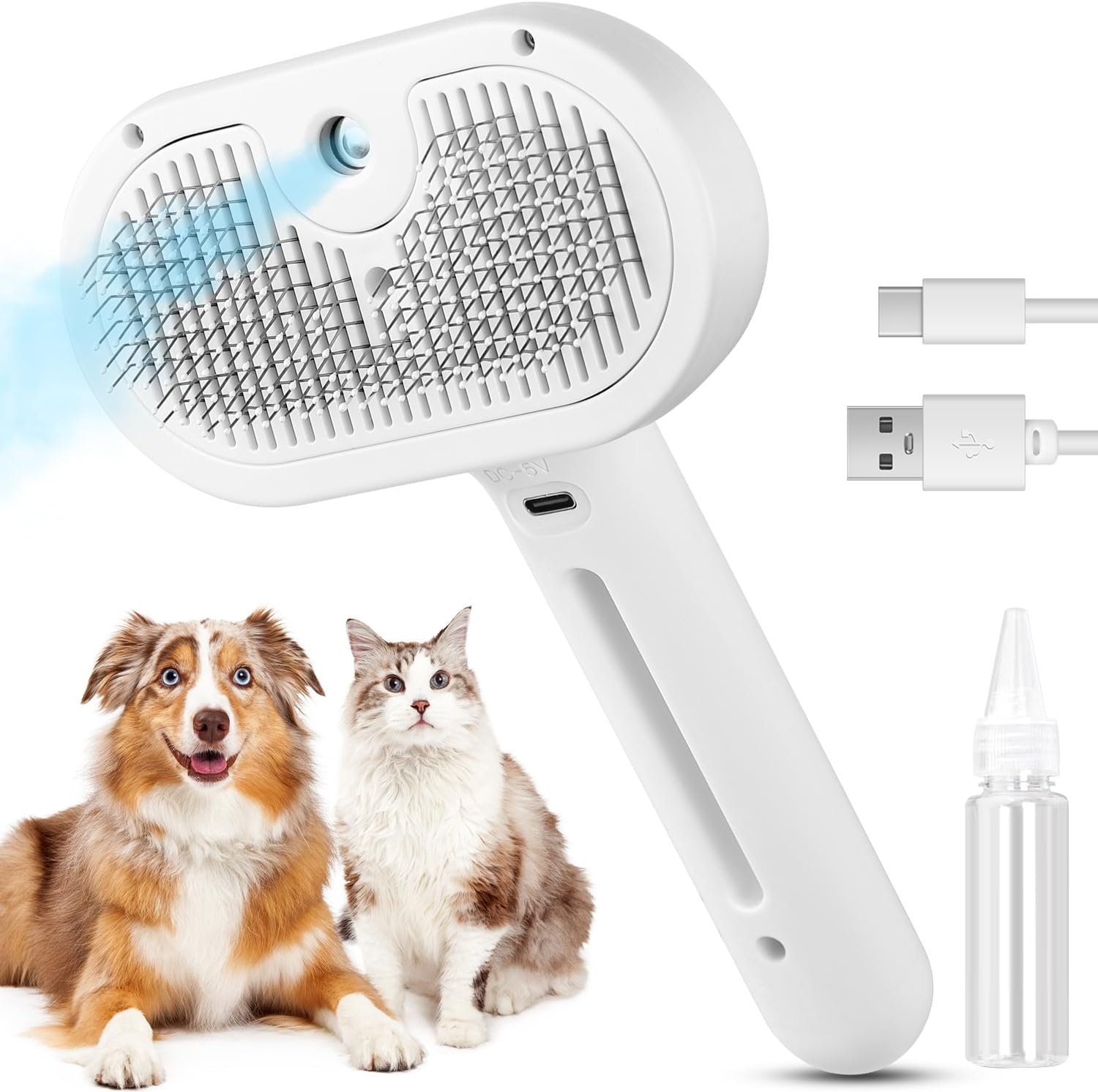 3 in 1 Cat Steam Brush, Pet Spray Hair Removal Comb for Shedding & Grooming, Water Brush for Cats Dogs Small Animals Long Short Haired with One-Click Release Button(White)