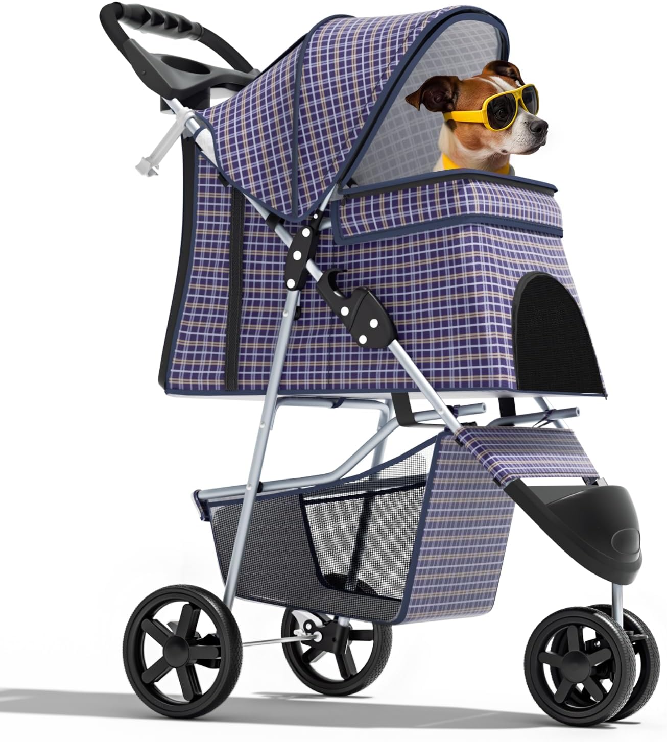 3-Wheel Pet Stroller, Foldable Travel Jogger for Small & Medium Dogs & Cats (Up to 33lbs), Lightweight Carrier with Breathable Mesh Cover, Cup Holder & Storage Basket, Plaid
