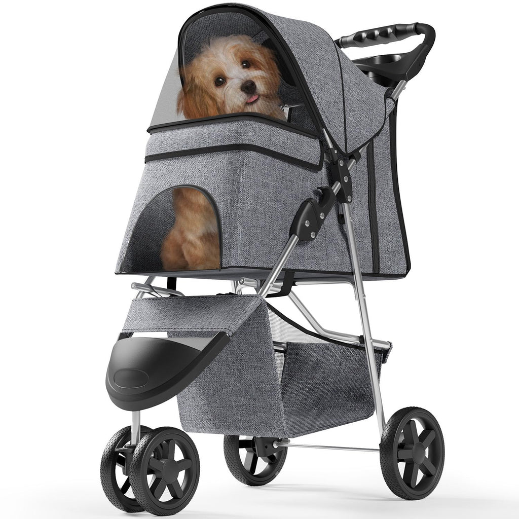 Pet Stroller with 3 Wheels for Small/Medium Pets, Portable Travel Foldable Carrier Jogger for Dog Cat Puppy Kitty, Rear Wheel Breaks, Storage Basket, Visible Mesh with Weather Cover (Gray)