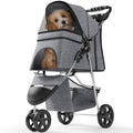 Pet Stroller with 3 Wheels for Small/Medium Pets, Portable Travel Foldable Carrier Jogger for Dog Cat Puppy Kitty, Rear Wheel Breaks, Storage Basket, Visible Mesh with Weather Cover (Gray)