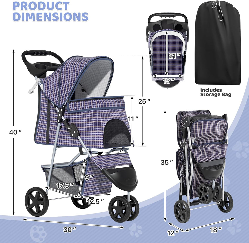 3-Wheel Pet Stroller, Foldable Travel Jogger for Small & Medium Dogs & Cats (Up to 33lbs), Lightweight Carrier with Breathable Mesh Cover, Cup Holder & Storage Basket, Plaid
