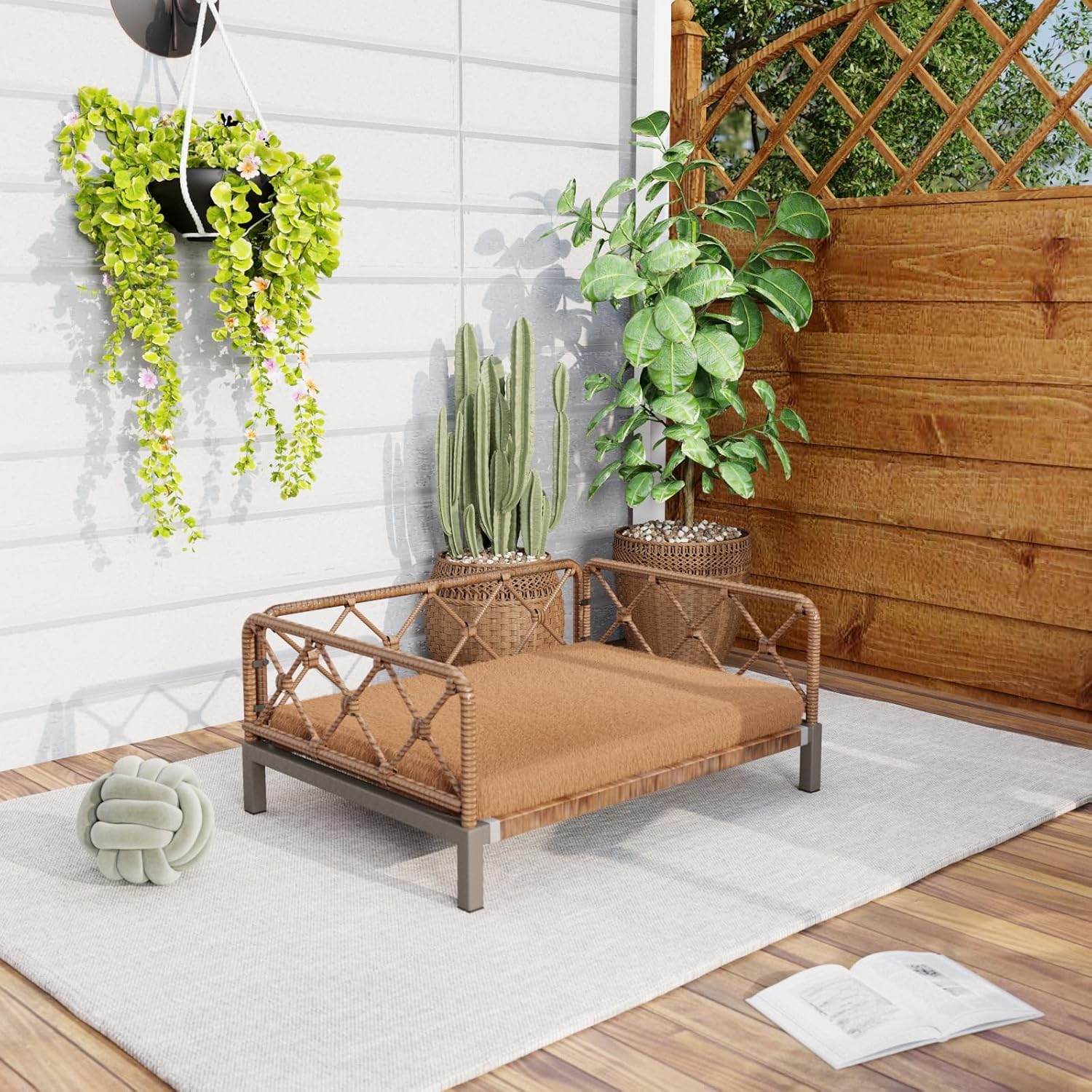 Elevated Indoor & Outdoor Dog Bed for Small Dogs, Durable Rattan Wicker Pet Sofa with Removable Washable Waterproof Cushion, Stylish Dog Couch, Brown