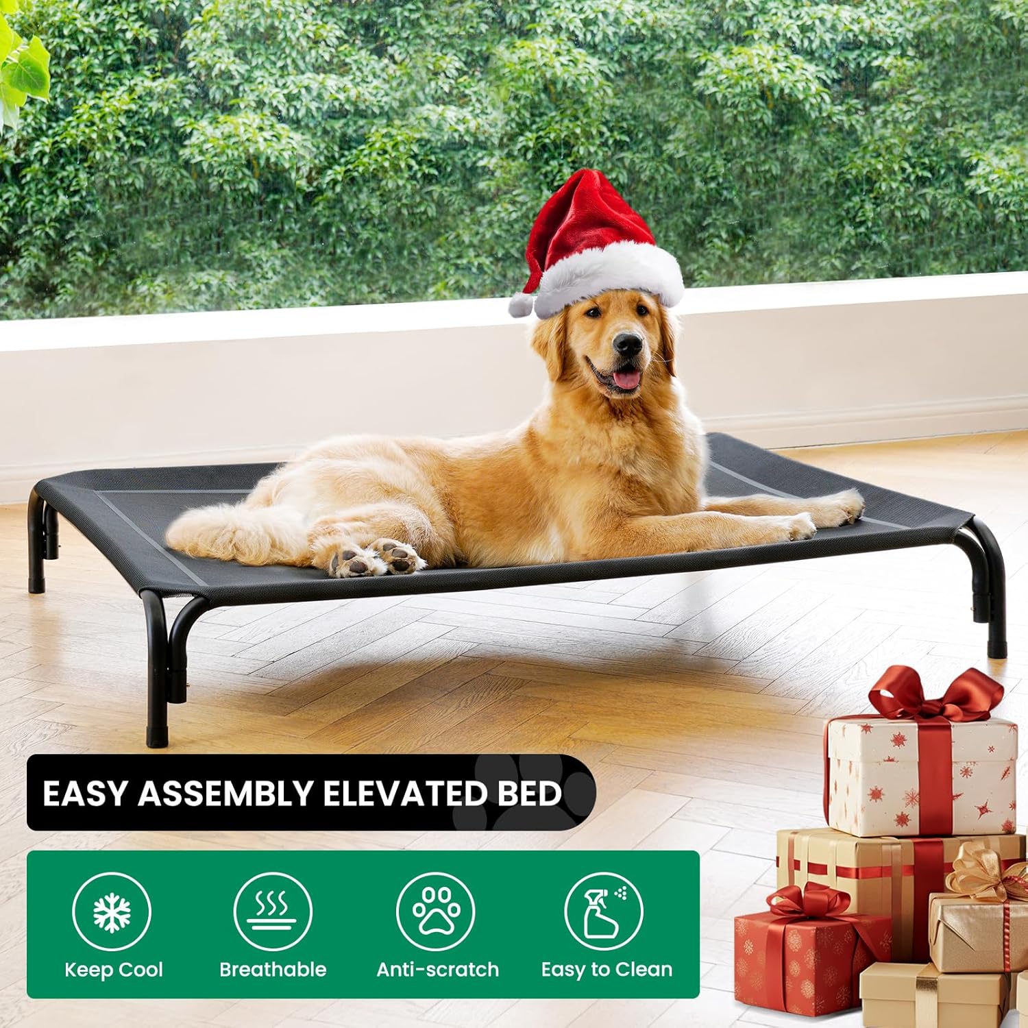Elevated Dog Bed Raised Outdoor Dog Cot for Large Dogs, Installation Requires No Tools, Frame with Washable Cooling Breathable Mesh Anti-Slip Feet, Indoor Pet Bed, Black, 43.3 Inches