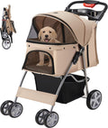 Pet Stroller, 4 Wheels Pet Strolling Cart for Medium/Small Dogs and Cats, Foldable Cat Jogger/Dog Stroller with Cup Holder, Storage Basket, Breathable Mesh, All-Season Pet Carrier, Khaki
